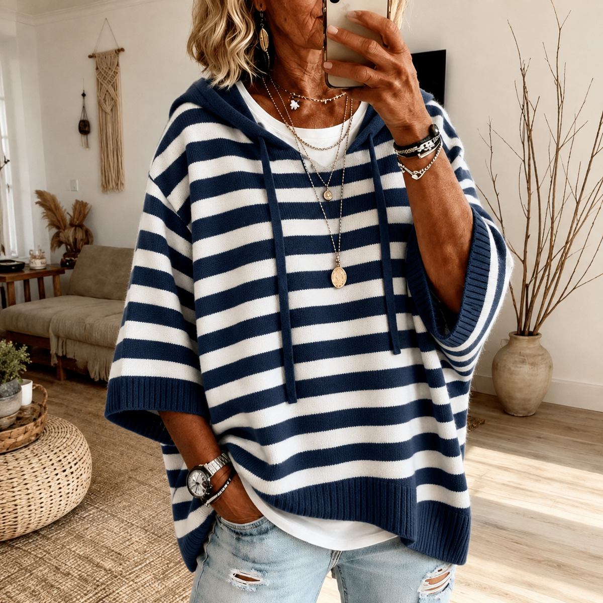 Marine™ | Navy Blue Striped Poncho Sweater