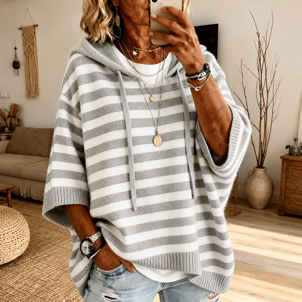 Celine™ | Gray Striped Poncho Sweater