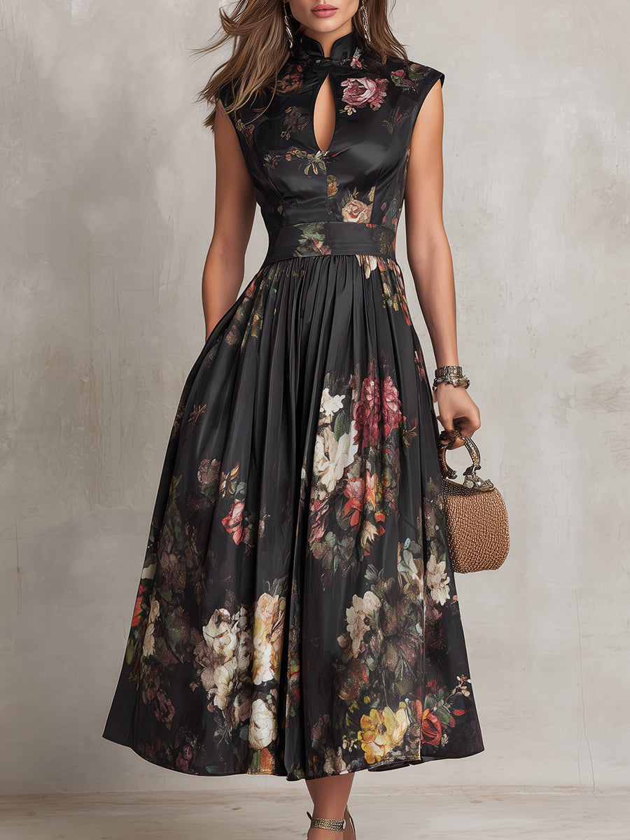 Black Keyhole Pleated Satin Midi Dress