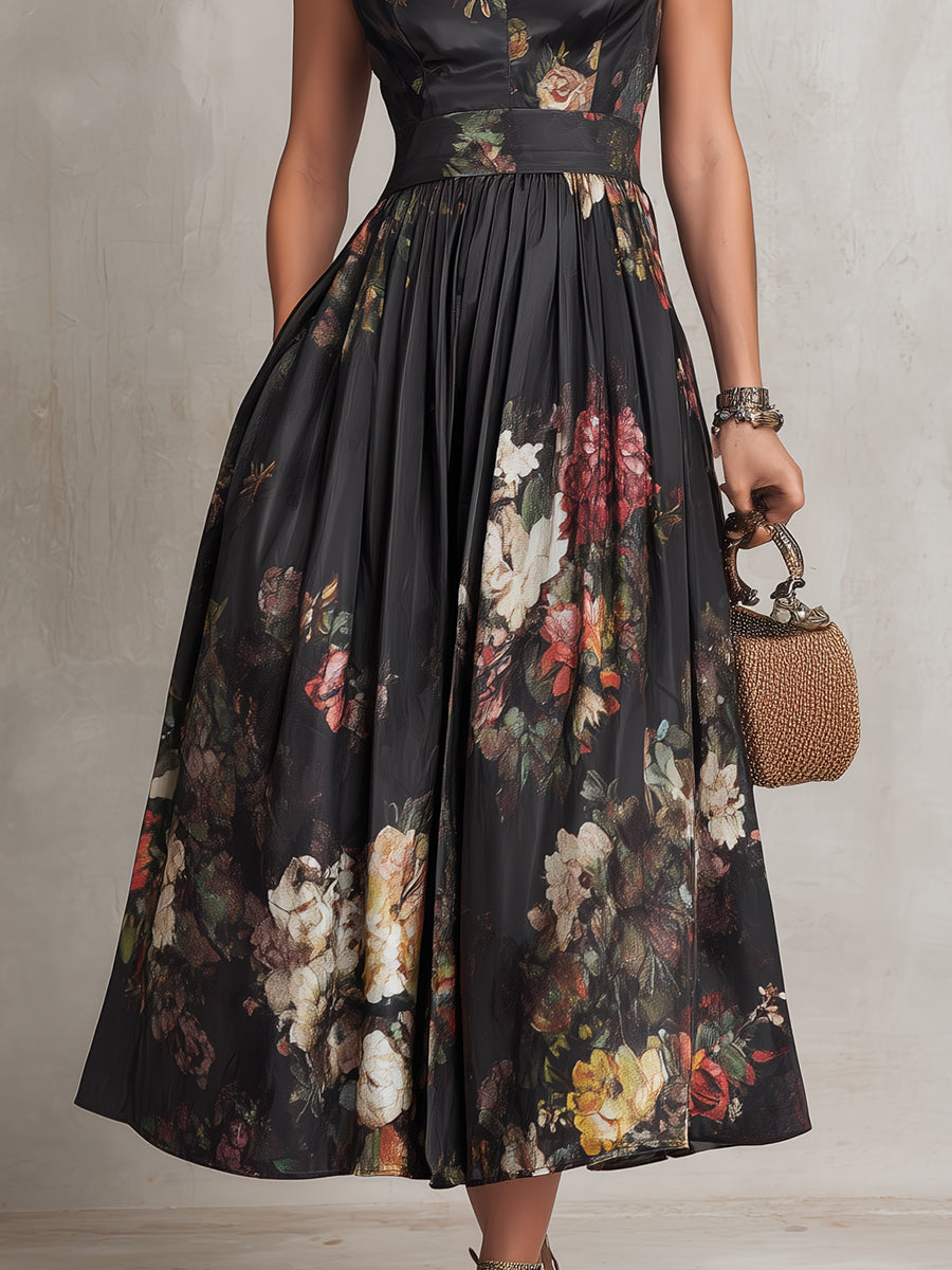 Black Keyhole Pleated Satin Midi Dress