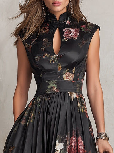 Black Keyhole Pleated Satin Midi Dress