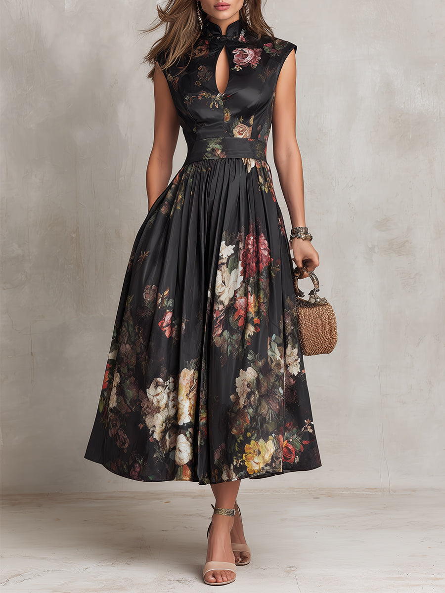 Black Keyhole Pleated Satin Midi Dress