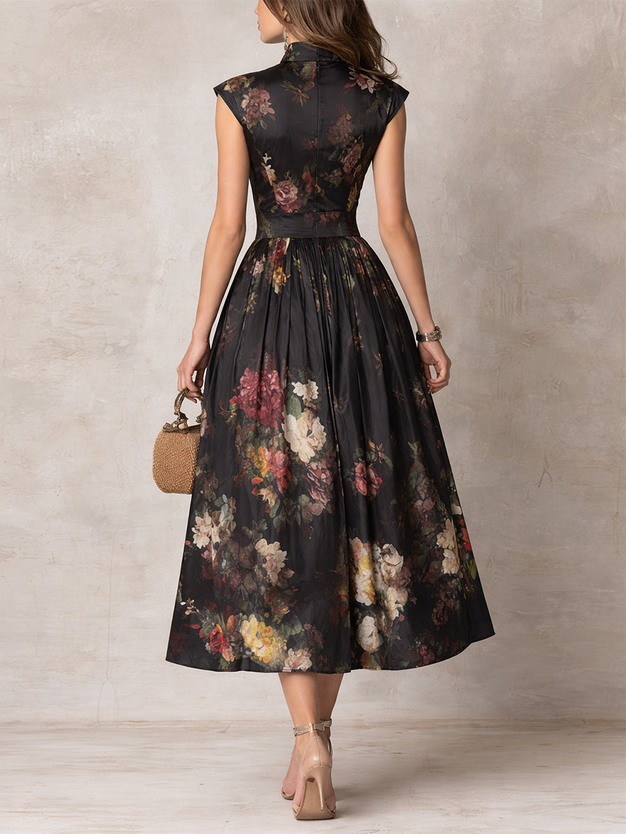 Black Keyhole Pleated Satin Midi Dress
