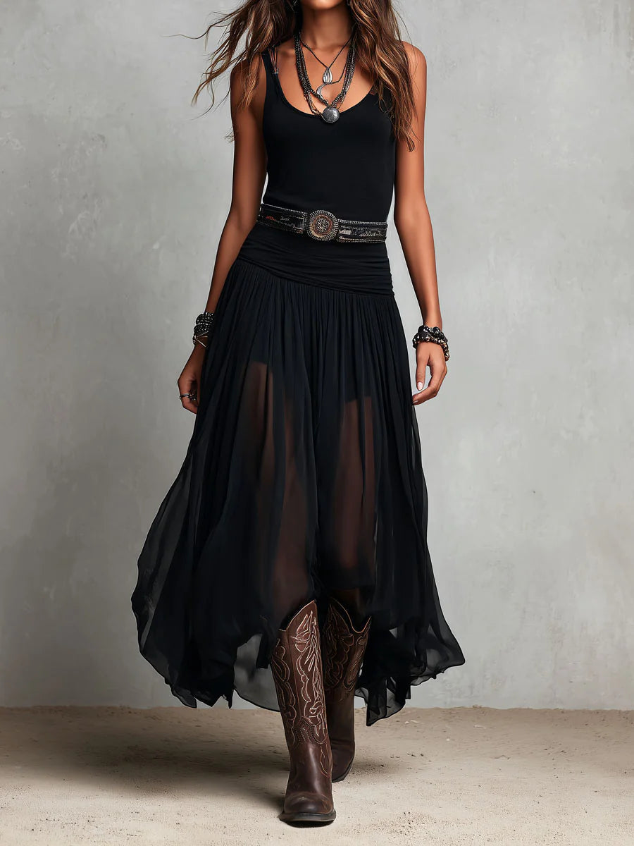 Black Sleeveless Top with Maxi Tulle Skirt (Belted)