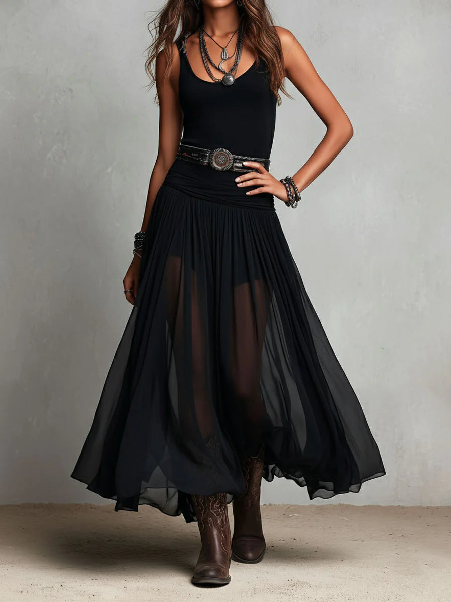 Black Sleeveless Top with Maxi Tulle Skirt (Belted)