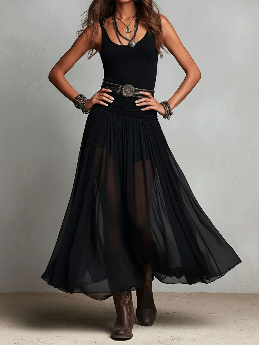 Black Sleeveless Top with Maxi Tulle Skirt (Belted)