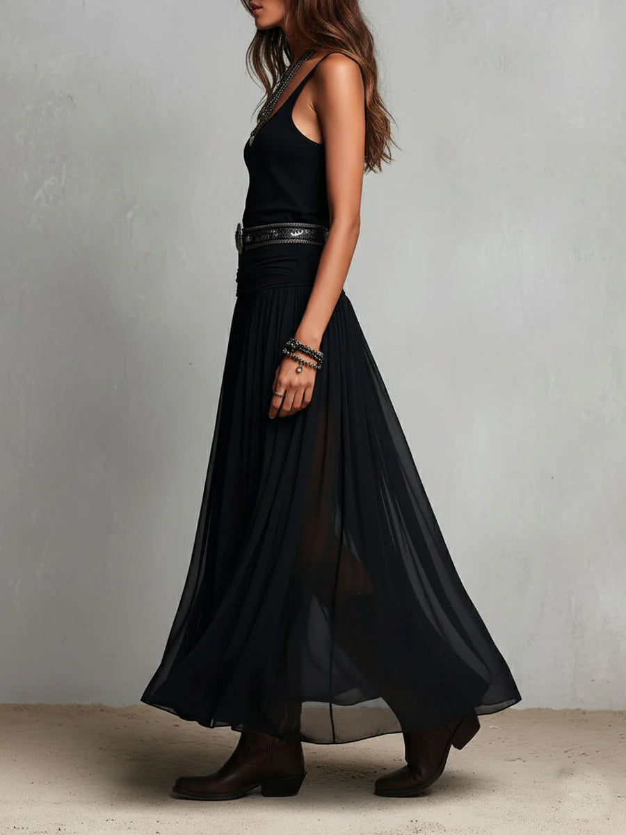 Black Sleeveless Top with Maxi Tulle Skirt (Belted)