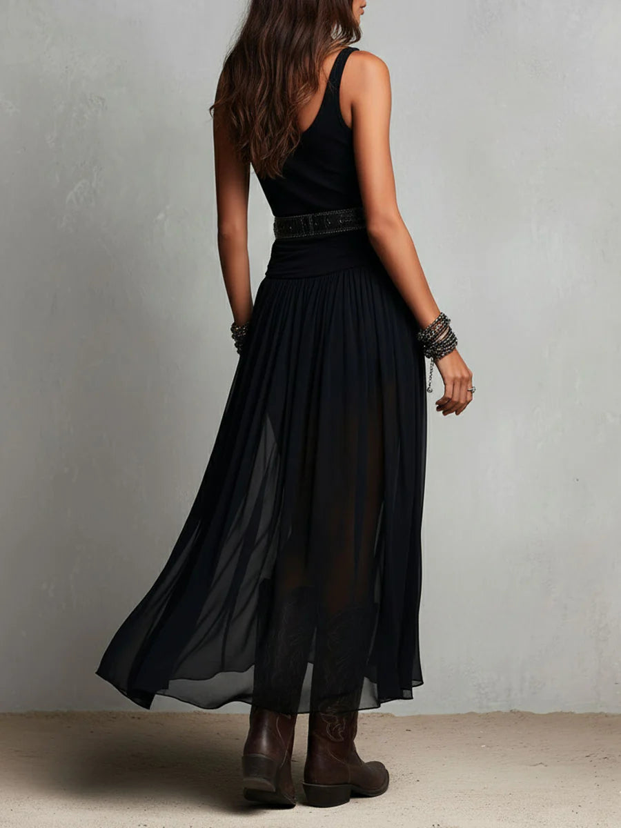 Black Sleeveless Top with Maxi Tulle Skirt (Belted)