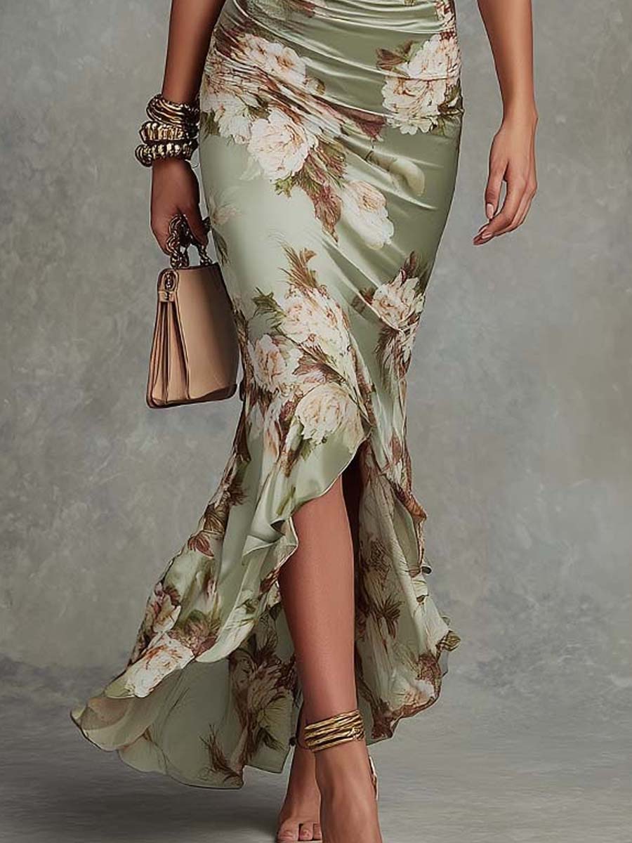 Asymmetric Green Satin Maxi Dress with Ruffled Bell Sleeves and V-Neck