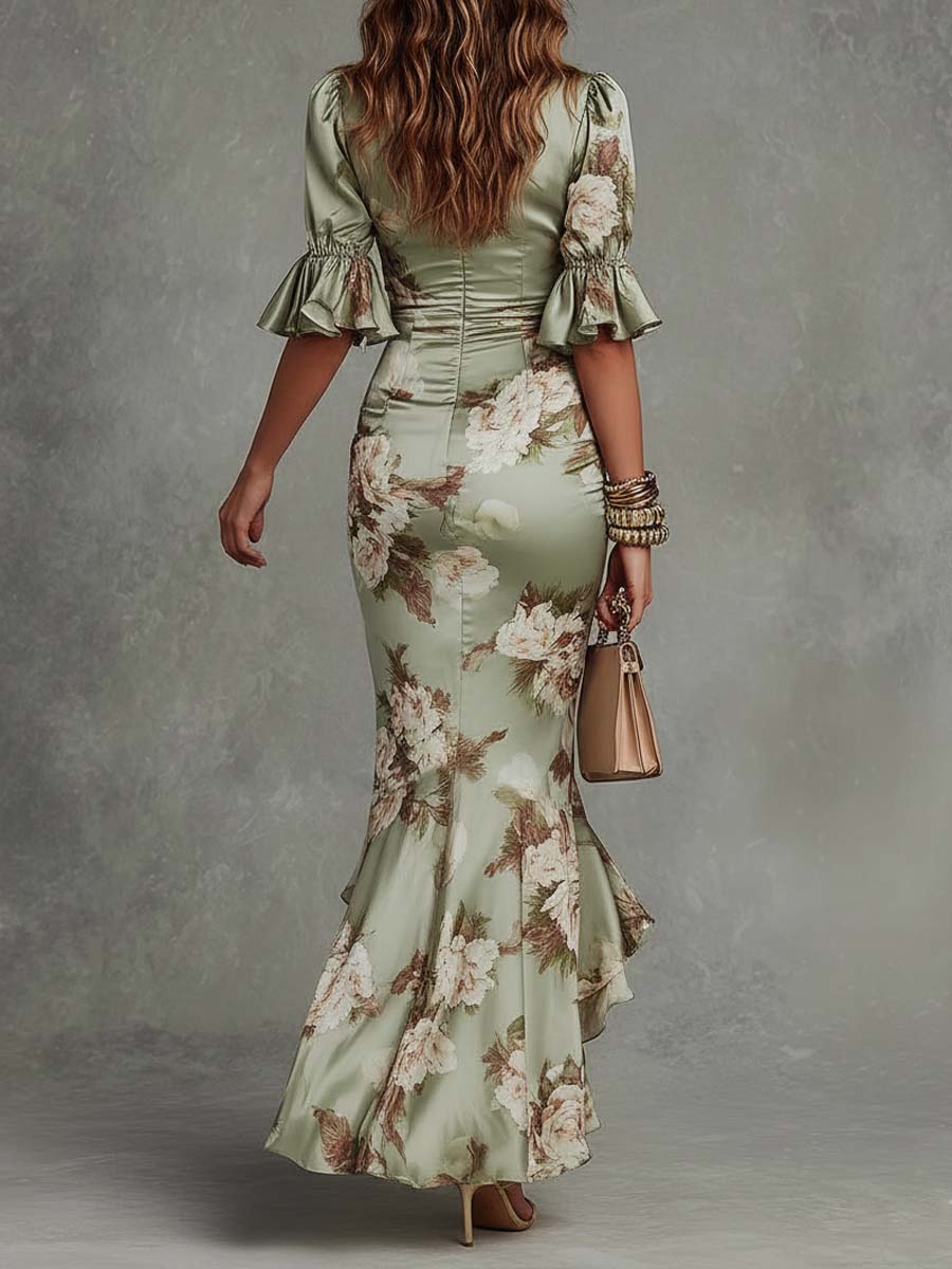 Asymmetric Green Satin Maxi Dress with Ruffled Bell Sleeves and V-Neck