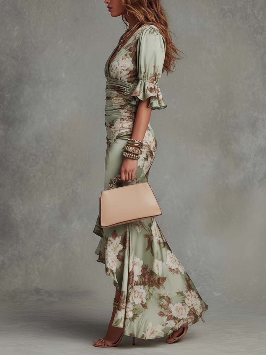 Asymmetric Green Satin Maxi Dress with Ruffled Bell Sleeves and V-Neck
