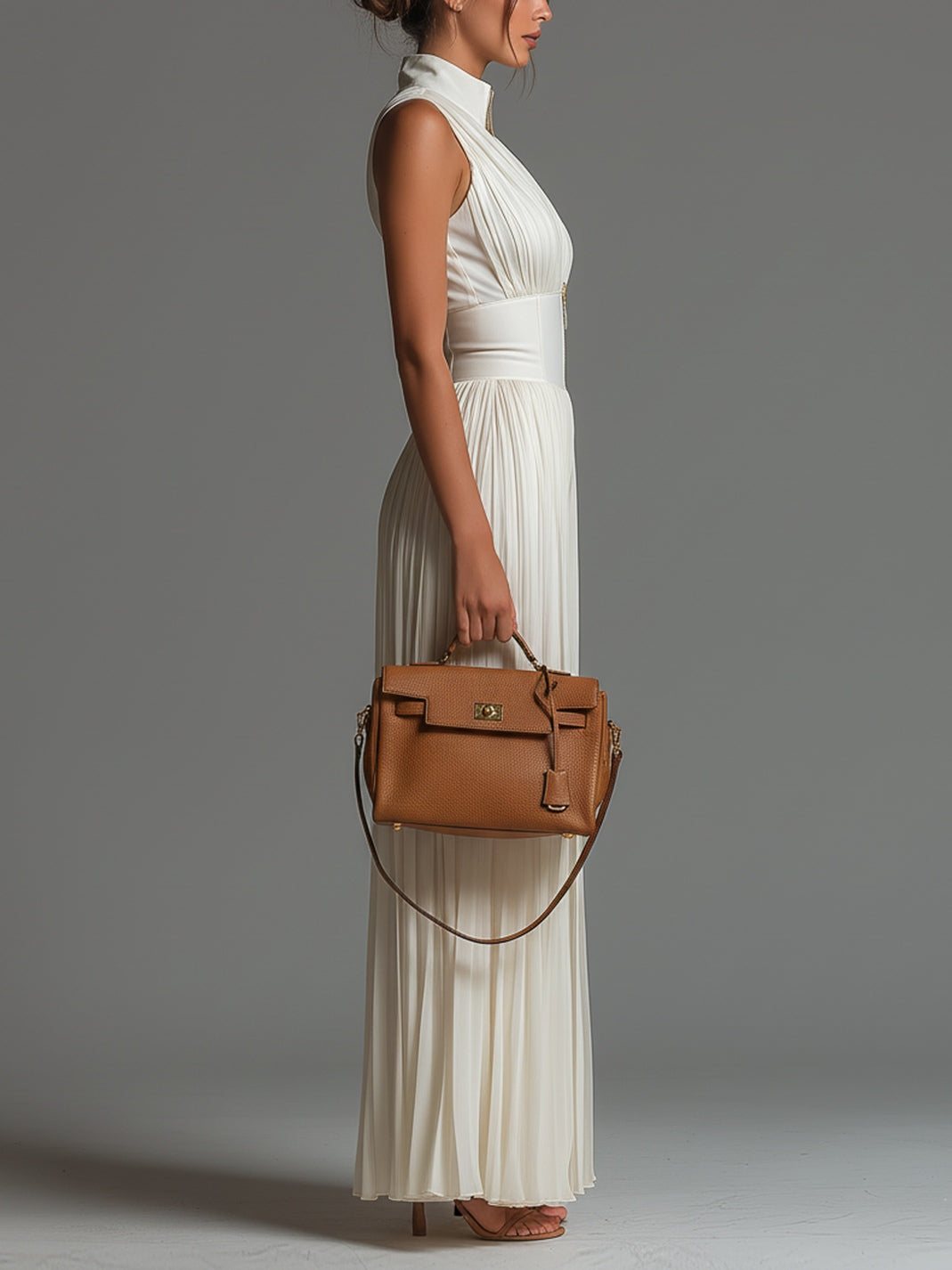 White Sleeveless Chiffon Jumpsuit with Front Zip and Wide-Leg Pleats