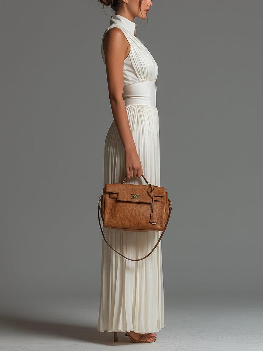 White Sleeveless Chiffon Jumpsuit with Front Zip and Wide-Leg Pleats