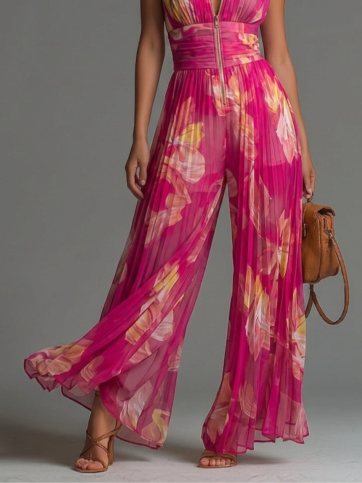 Sleeveless Chiffon Jumpsuit with Fuchsia Floral Print and Wide-Leg Pleats