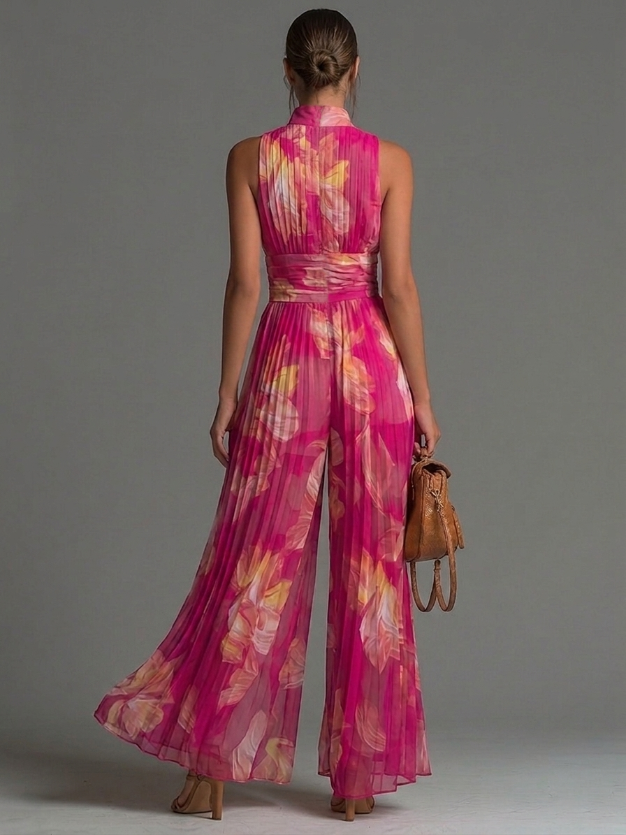 Sleeveless Chiffon Jumpsuit with Fuchsia Floral Print and Wide-Leg Pleats