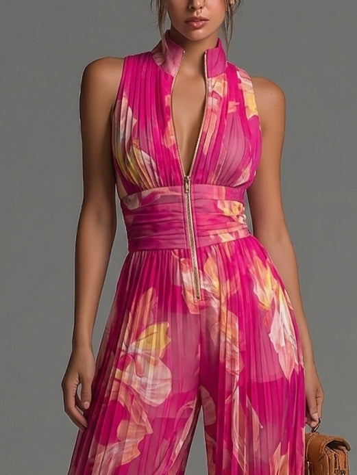 Sleeveless Chiffon Jumpsuit with Fuchsia Floral Print and Wide-Leg Pleats