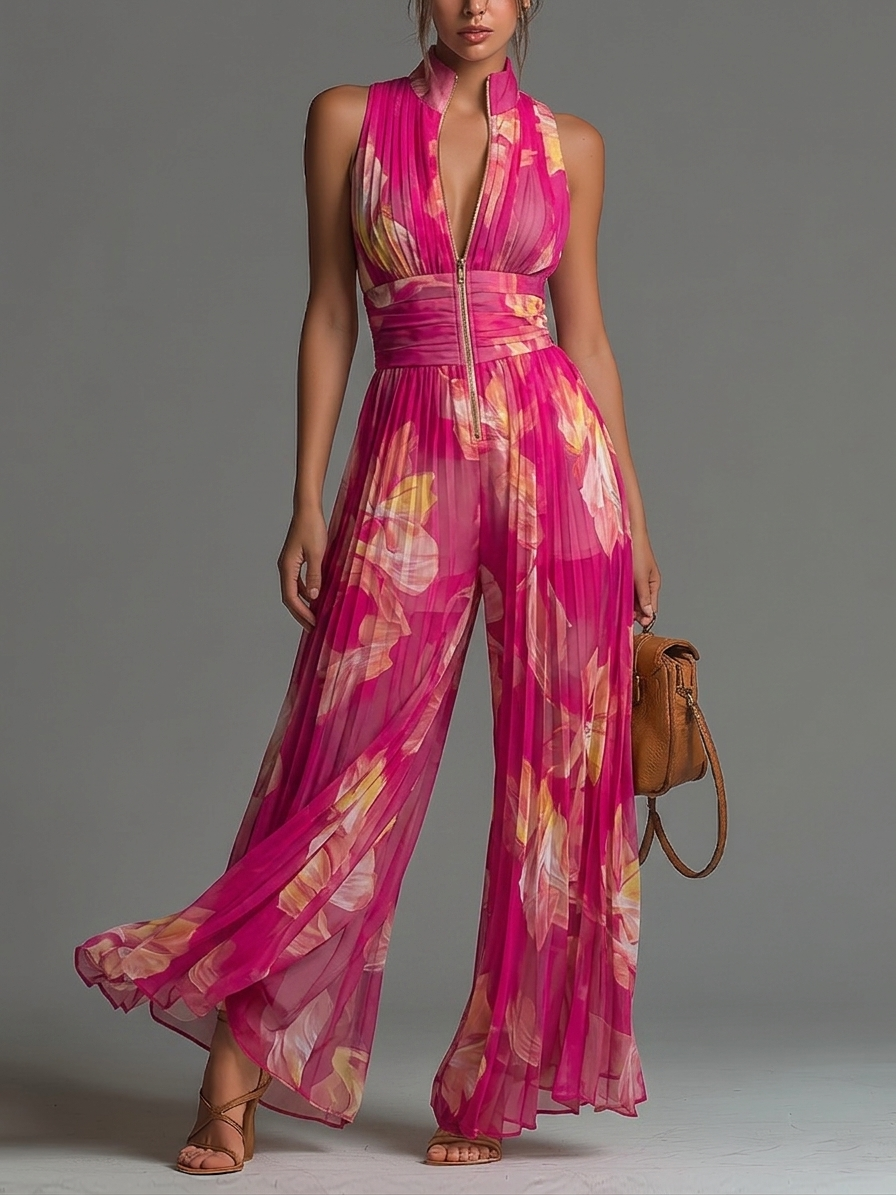 Sleeveless Chiffon Jumpsuit with Fuchsia Floral Print and Wide-Leg Pleats