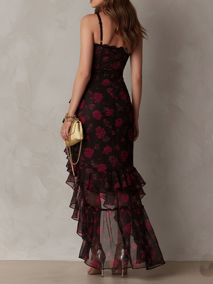 Chic Black and Red Floral Dress with Ruffle Details
