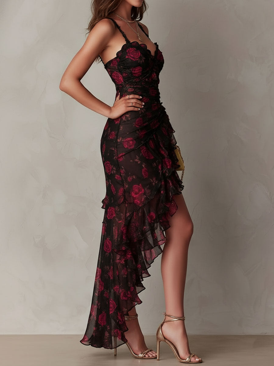 Chic Black and Red Floral Dress with Ruffle Details