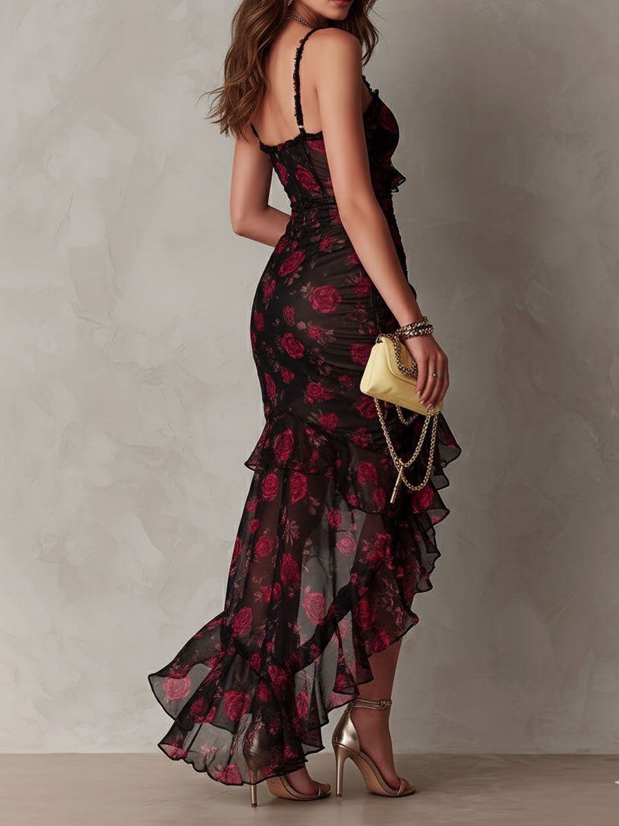 Chic Black and Red Floral Dress with Ruffle Details