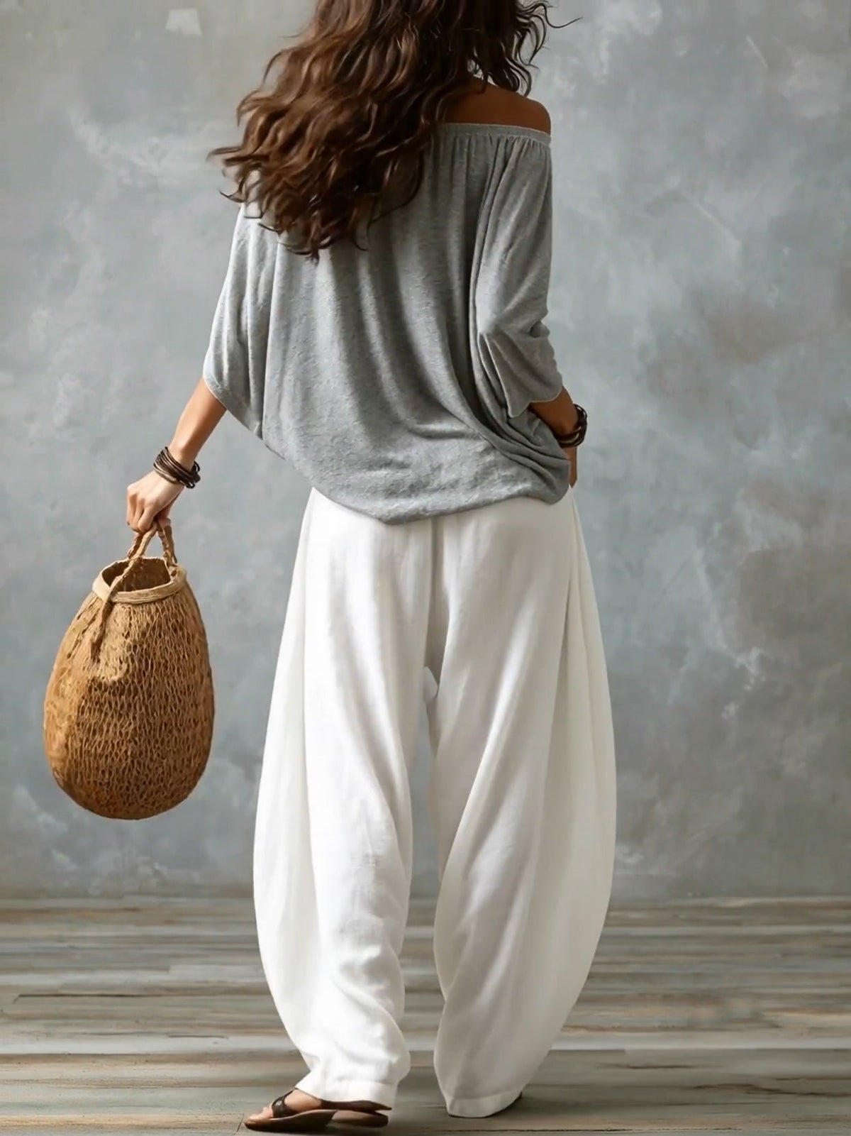 White Off-the-Shoulder Top and Wide Lantern Pants Set