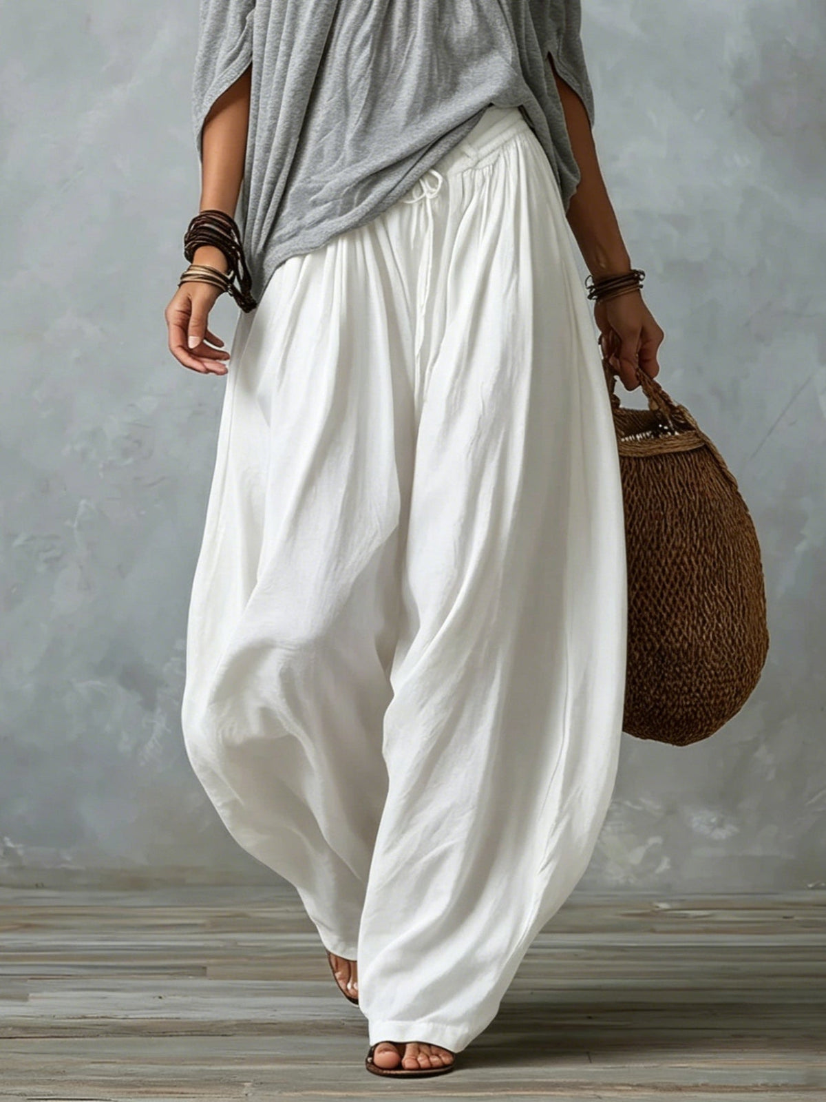 White Off-the-Shoulder Top and Wide Lantern Pants Set