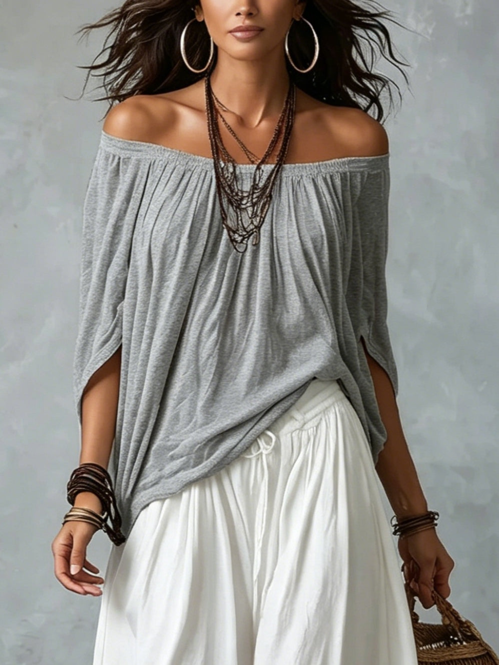White Off-the-Shoulder Top and Wide Lantern Pants Set