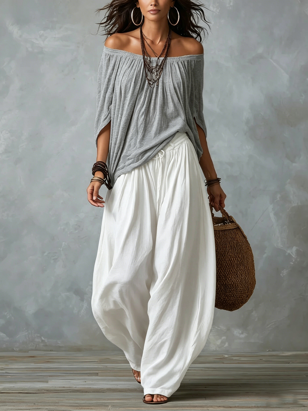 White Off-the-Shoulder Top and Wide Lantern Pants Set