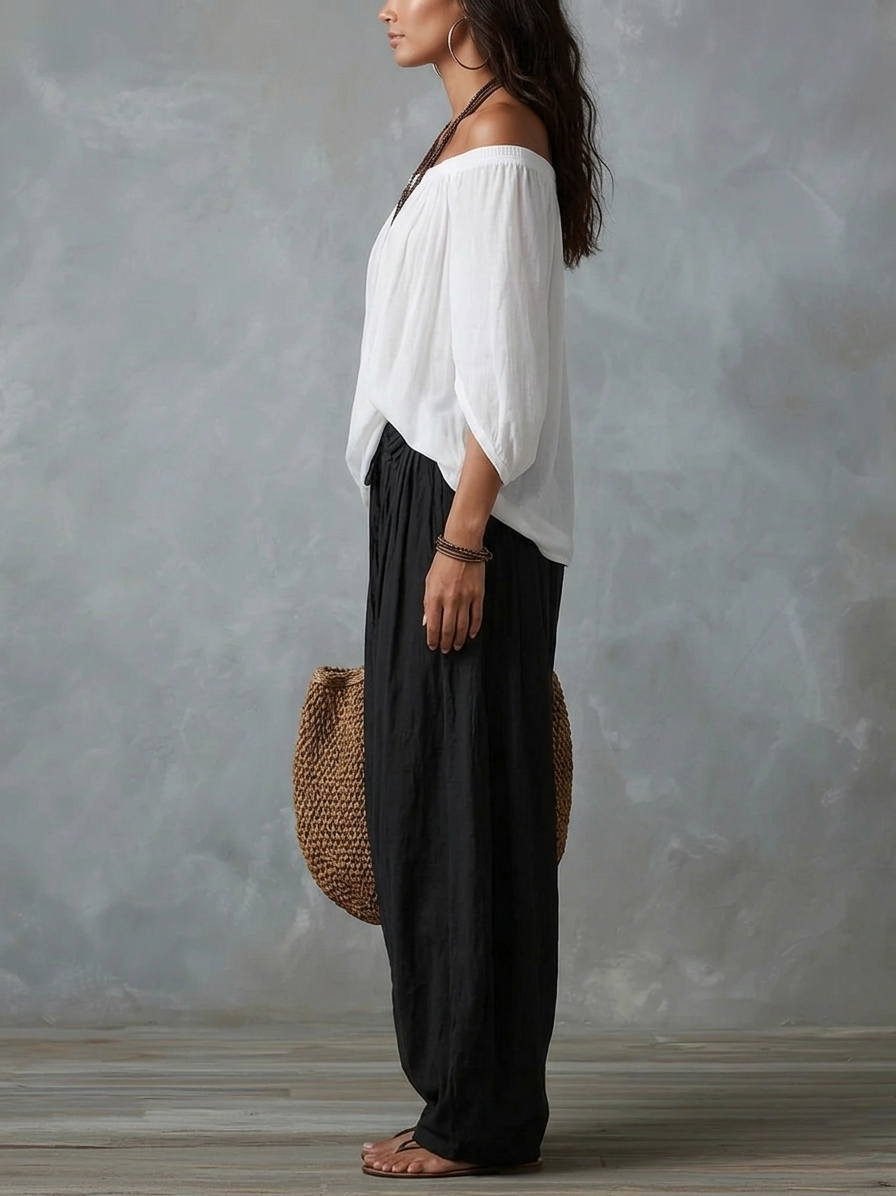 White Off-the-Shoulder Top and Wide Lantern Pants Set