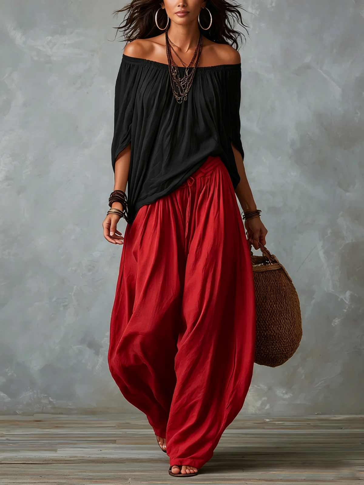 White Off-the-Shoulder Top and Wide Lantern Pants Set