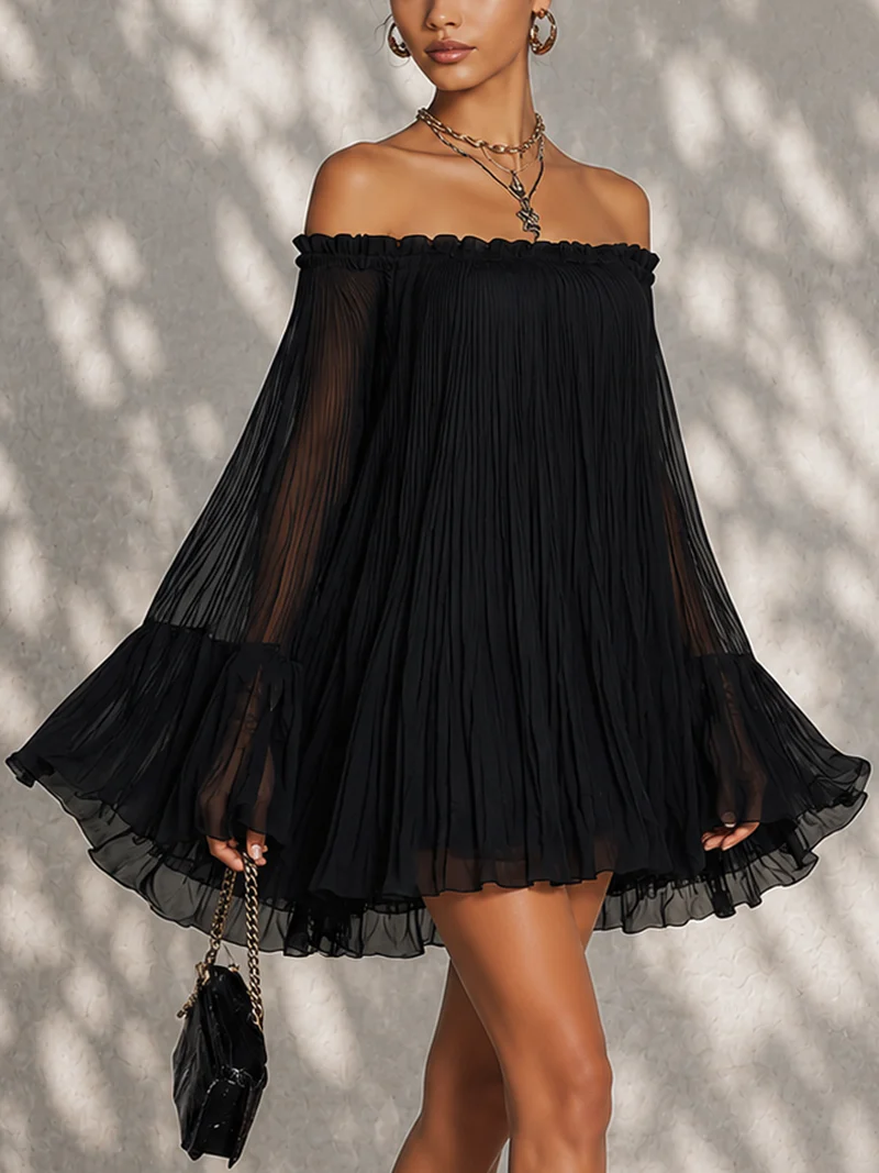 Off-Shoulder Black Ruffle Mini Dress with Bell Sleeves