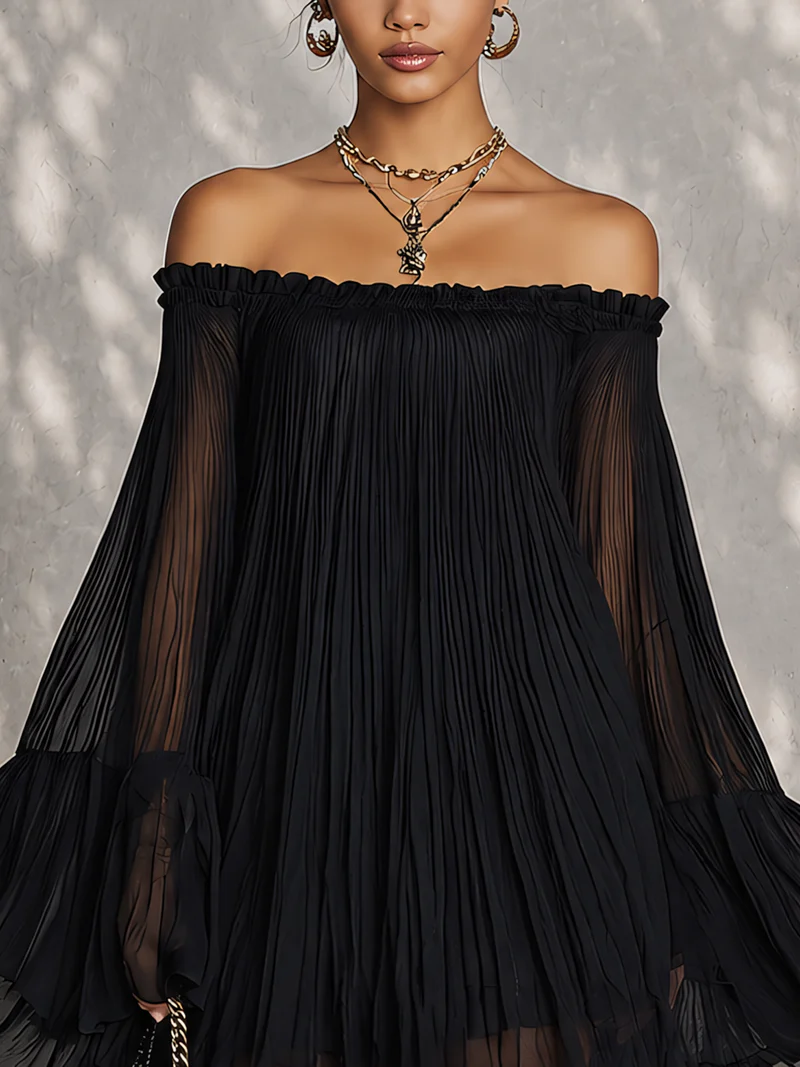 Off-Shoulder Black Ruffle Mini Dress with Bell Sleeves