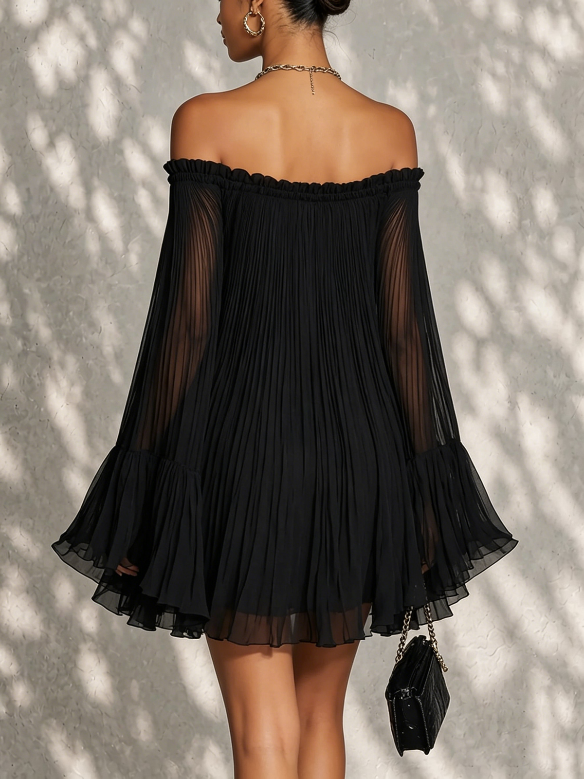 Off-Shoulder Black Ruffle Mini Dress with Bell Sleeves