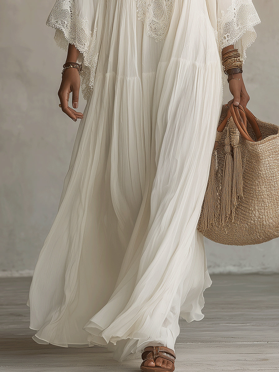 White Lace Bell-Sleeve Chiffon Maxi Dress with V-Neck