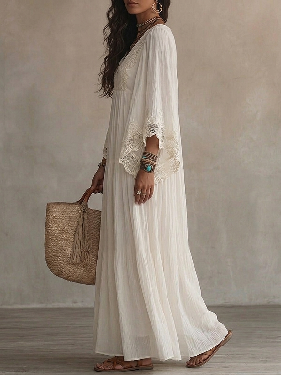 White Lace Bell-Sleeve Chiffon Maxi Dress with V-Neck
