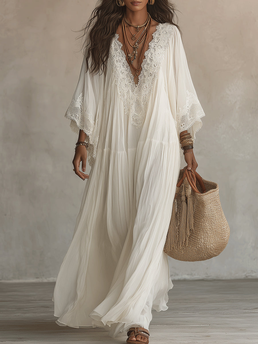 White Lace Bell-Sleeve Chiffon Maxi Dress with V-Neck