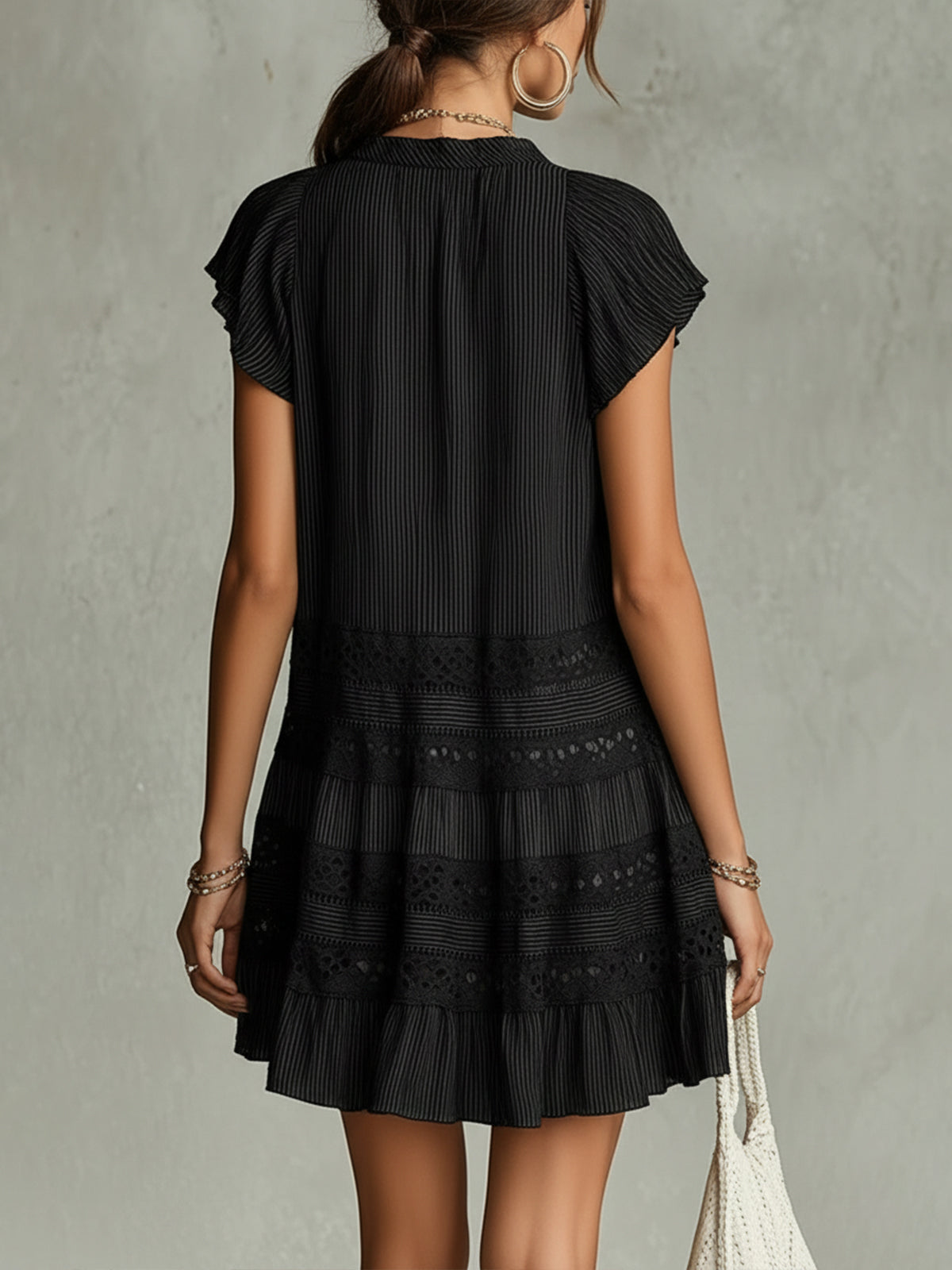 Striped Chiffon Mini Dress with Lace and Ruffle Trim