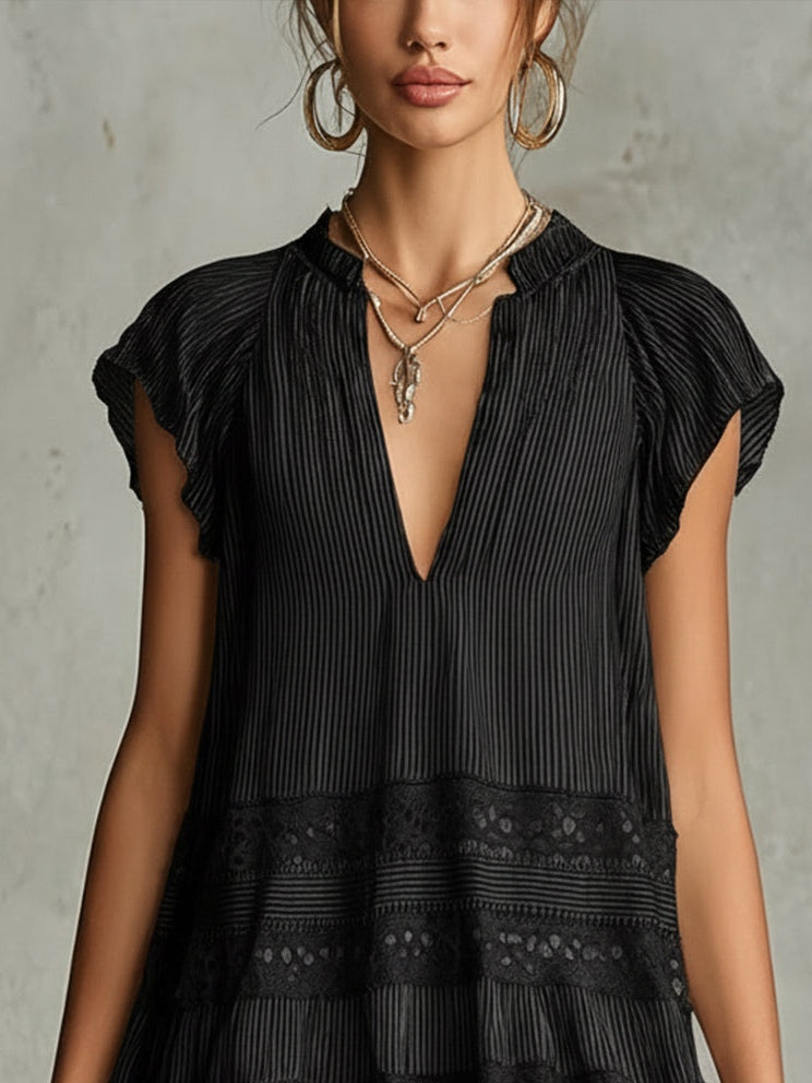 Striped Chiffon Mini Dress with Lace and Ruffle Trim