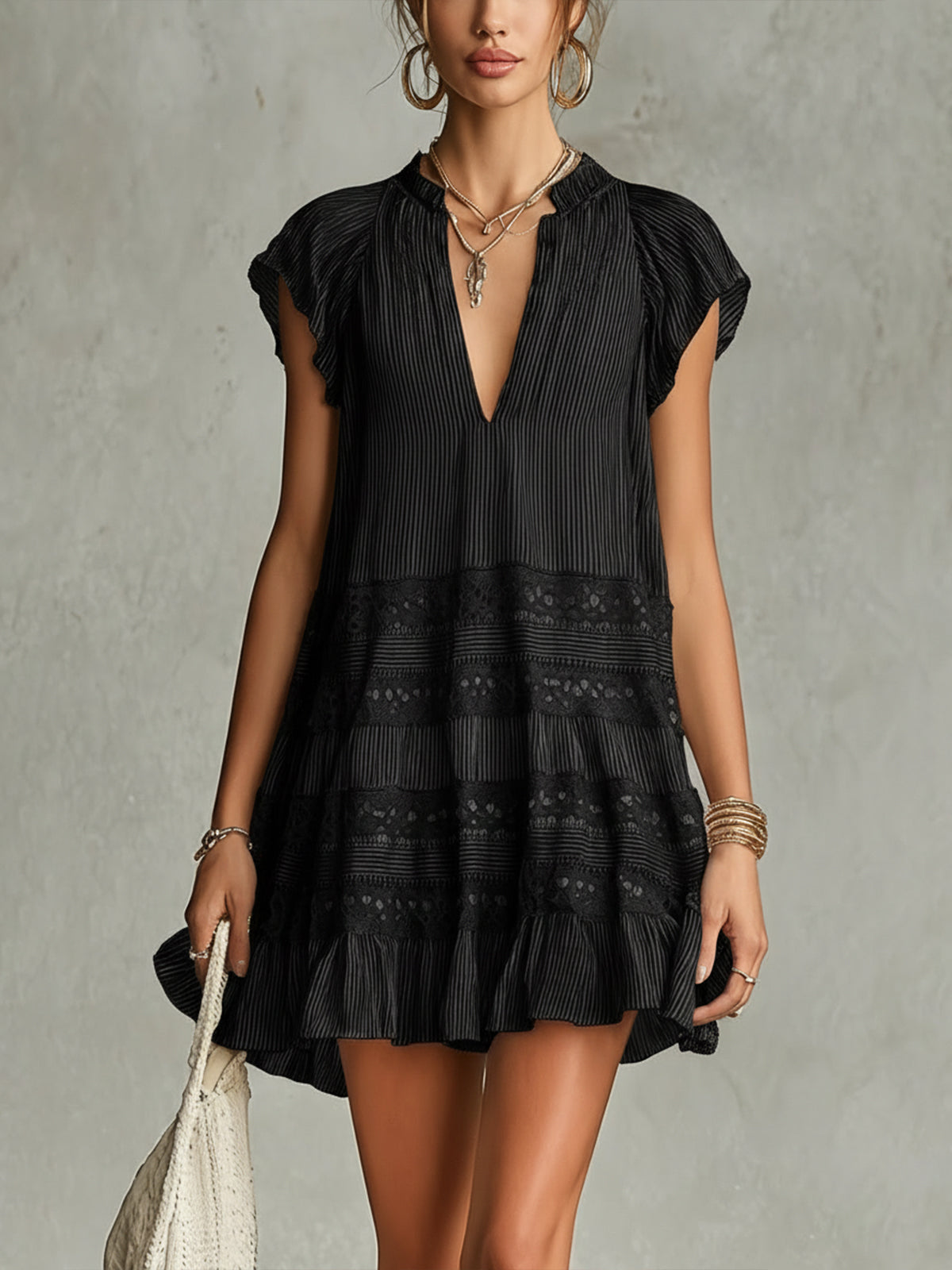 Striped Chiffon Mini Dress with Lace and Ruffle Trim