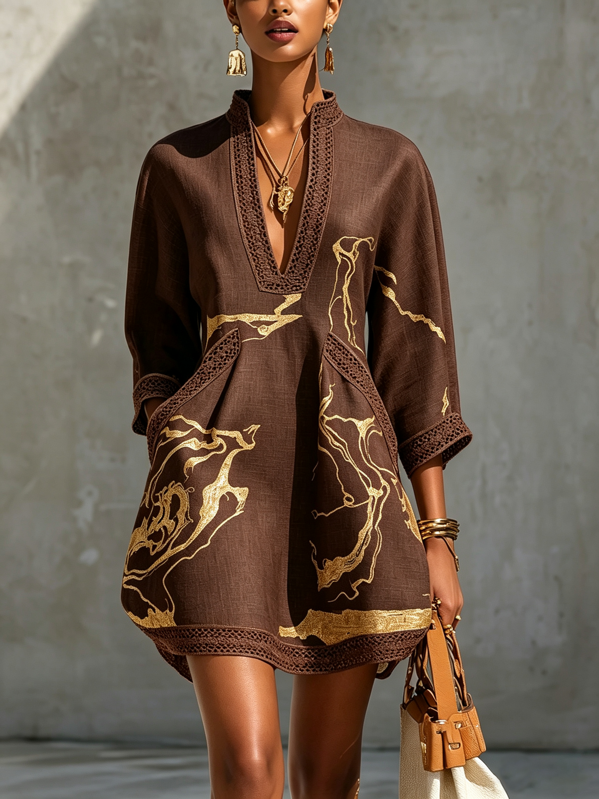 Black Floral-Embroidered Mini Dress with Gold Print and V-Neck Crochet Lace