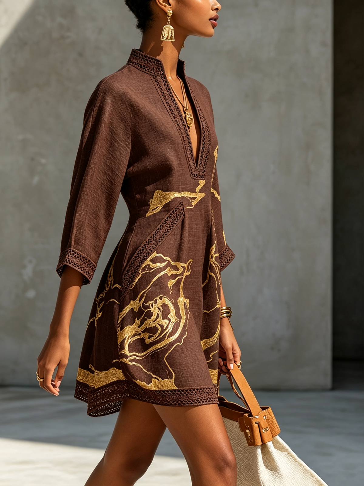Black Floral-Embroidered Mini Dress with Gold Print and V-Neck Crochet Lace