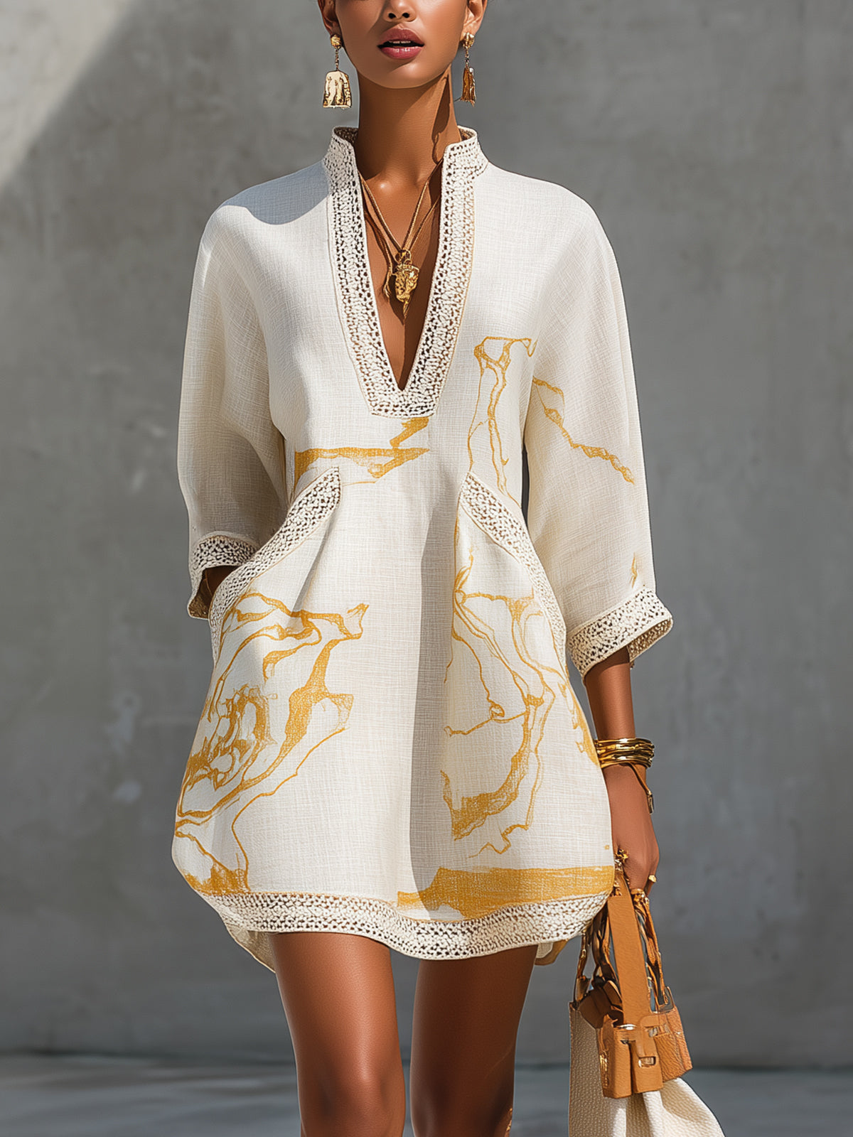 Black Floral-Embroidered Mini Dress with Gold Print and V-Neck Crochet Lace