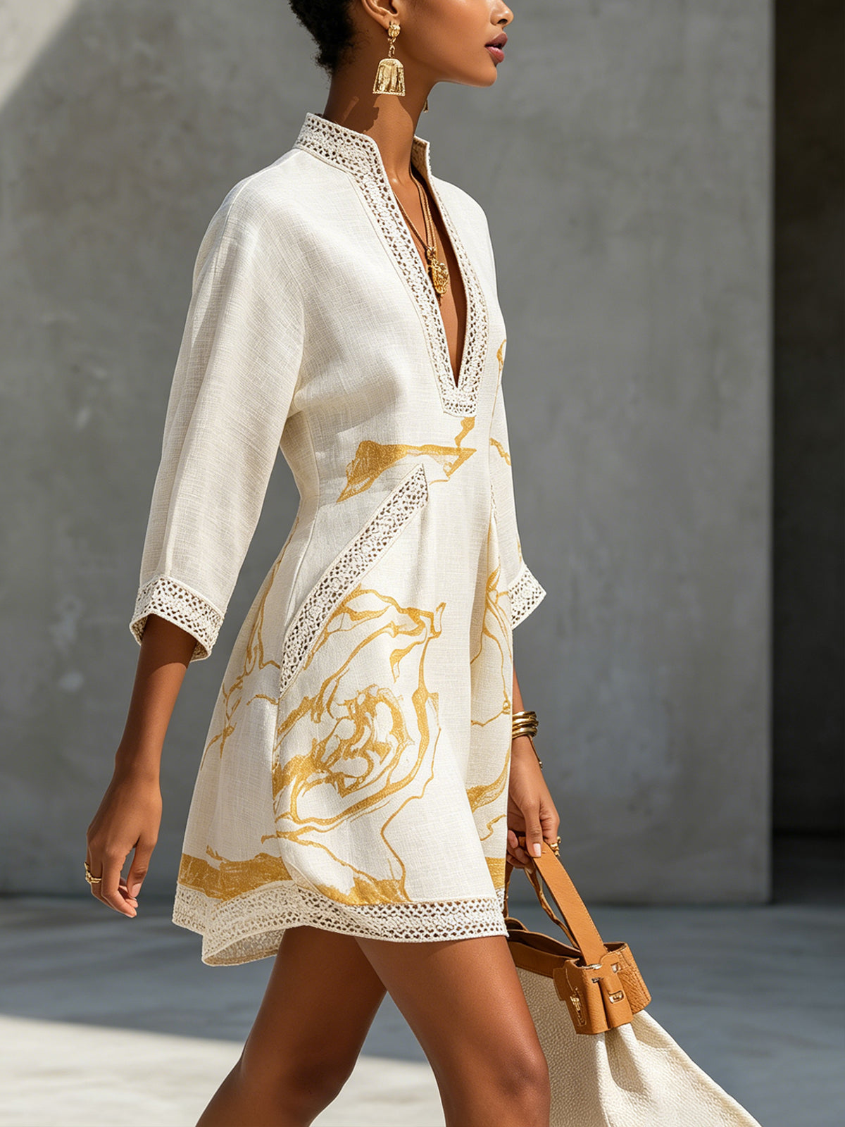 Black Floral-Embroidered Mini Dress with Gold Print and V-Neck Crochet Lace