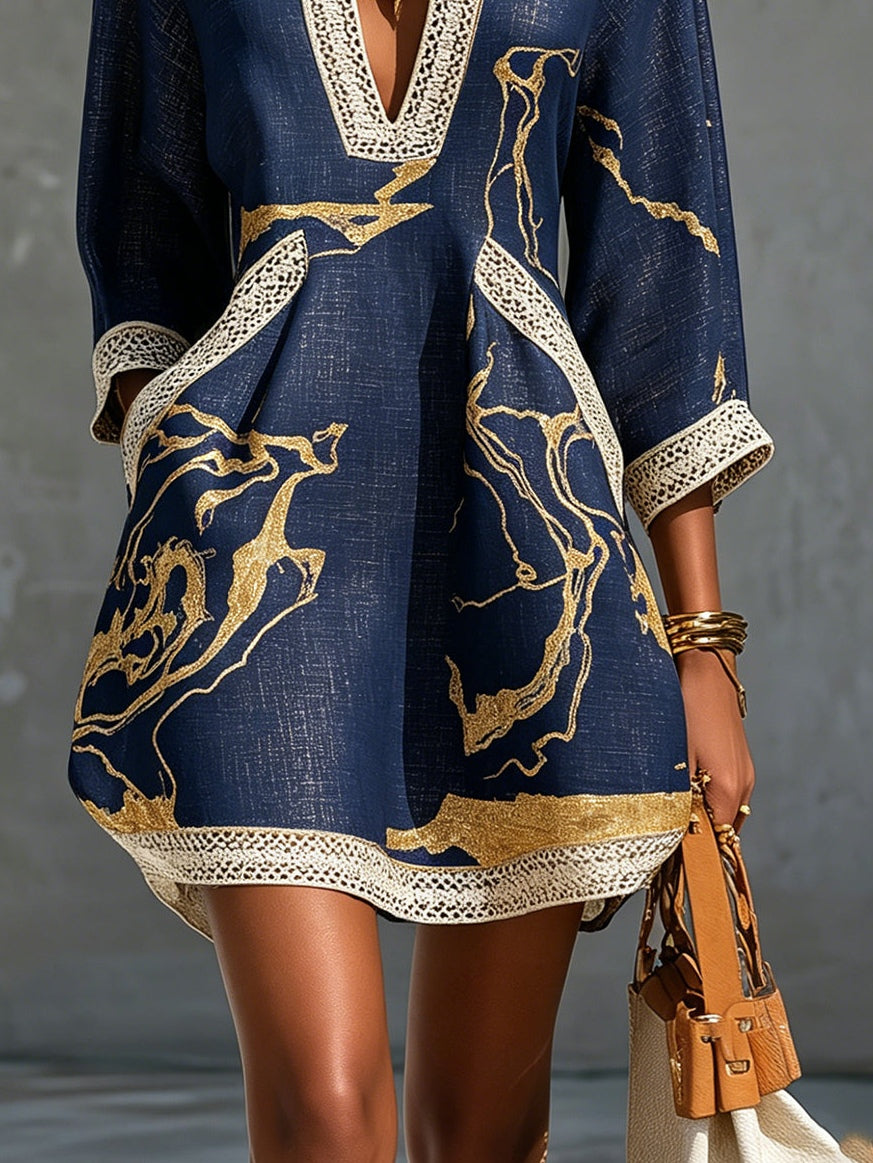 Navy Crochet Lace Mini Dress with Gold Print V-Neck