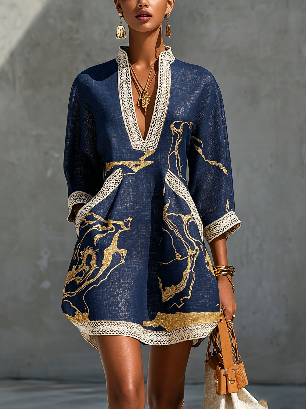 Black Floral-Embroidered Mini Dress with Gold Print and V-Neck Crochet Lace