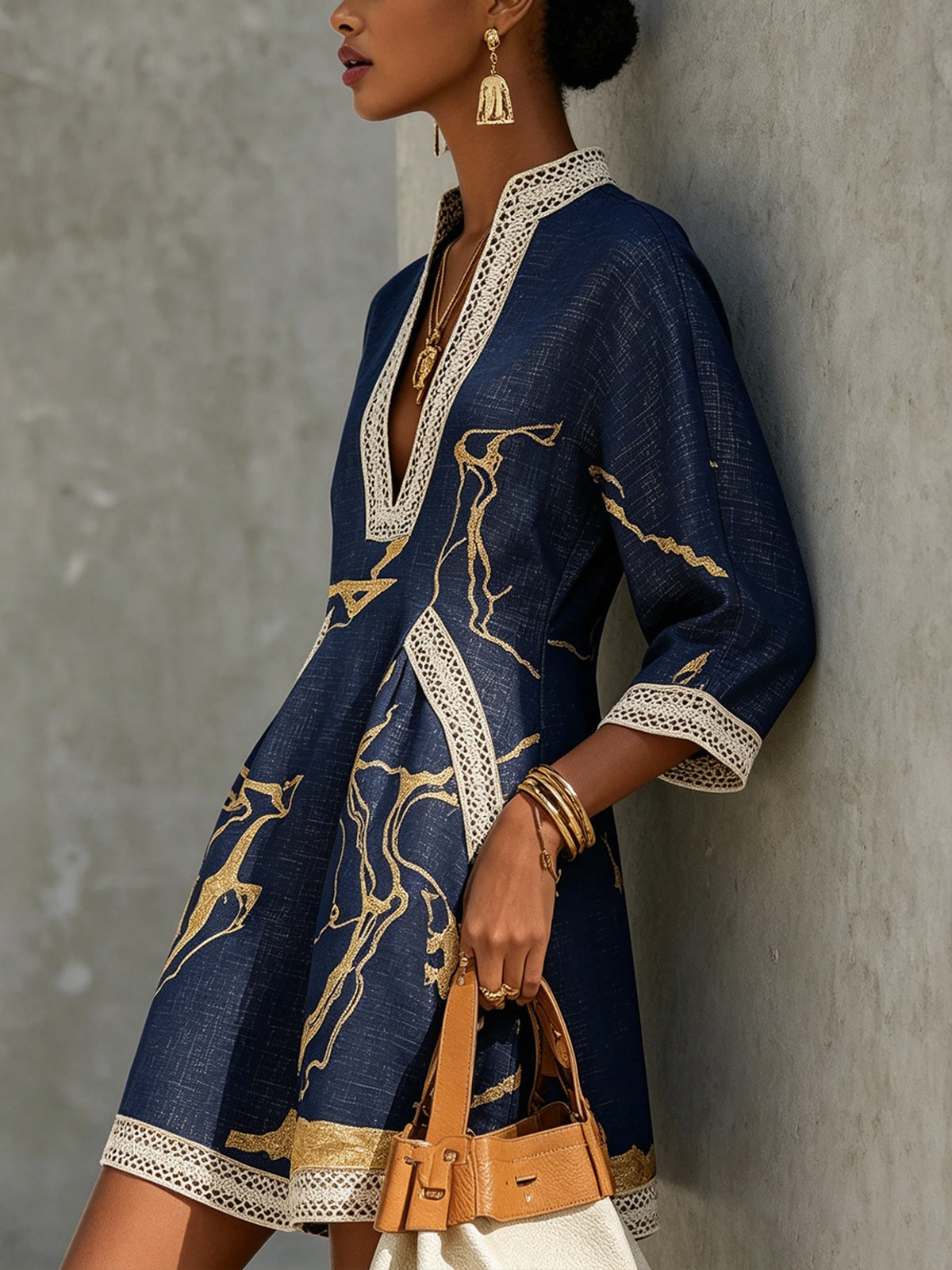 Navy Crochet Lace Mini Dress with Gold Print V-Neck