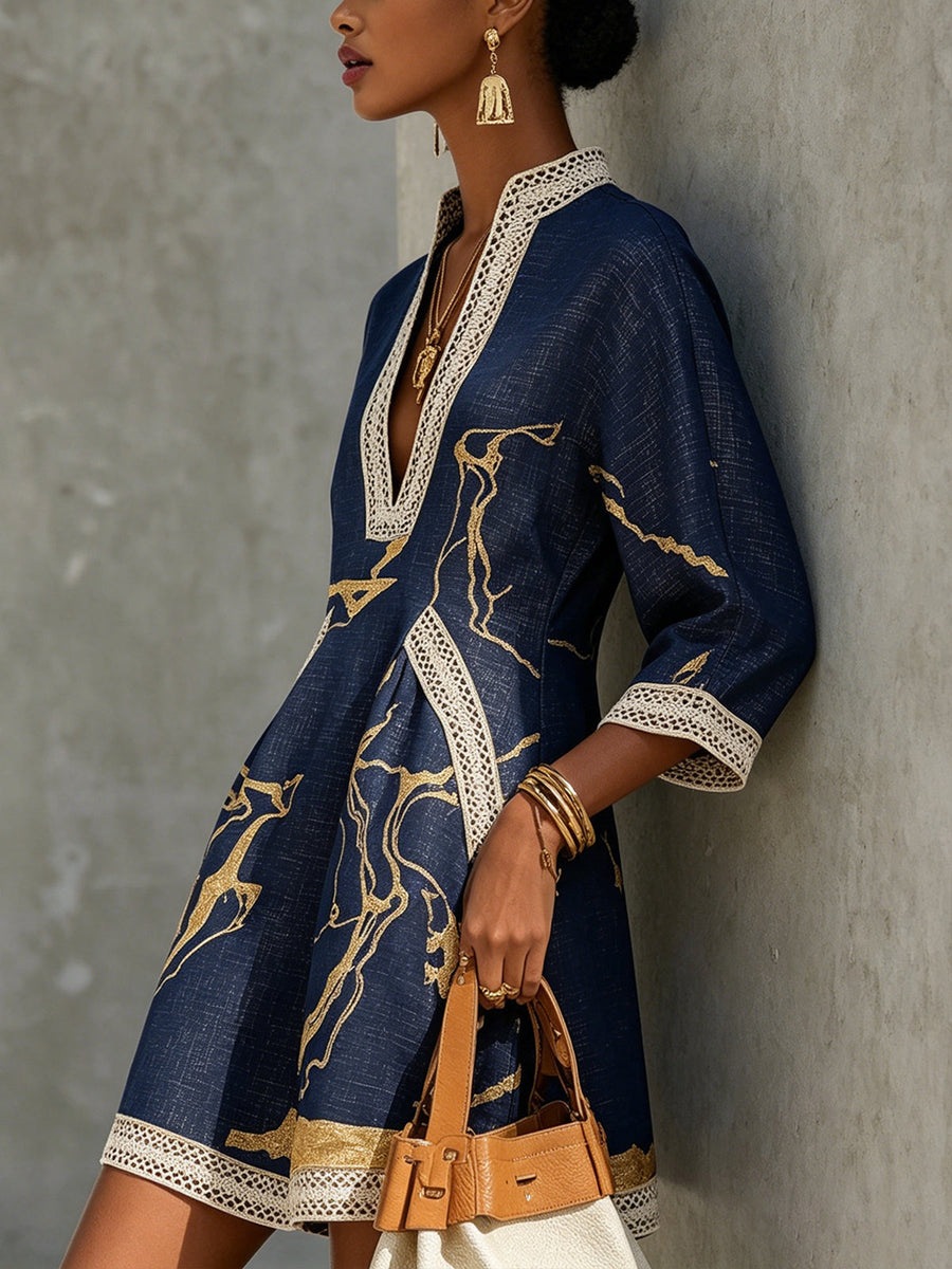 Navy Crochet Lace Mini Dress with Gold Print V-Neck