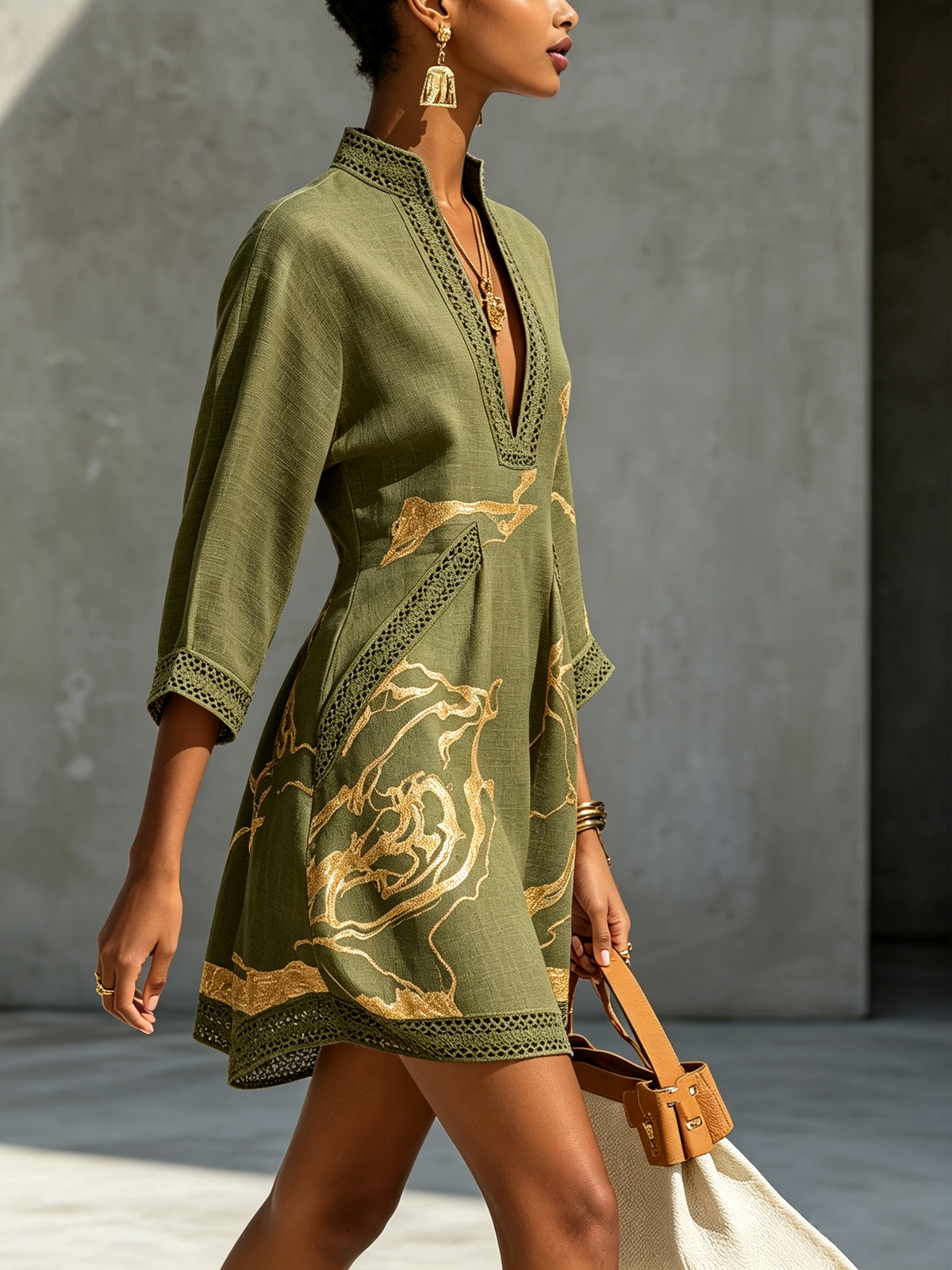 Black Floral-Embroidered Mini Dress with Gold Print and V-Neck Crochet Lace