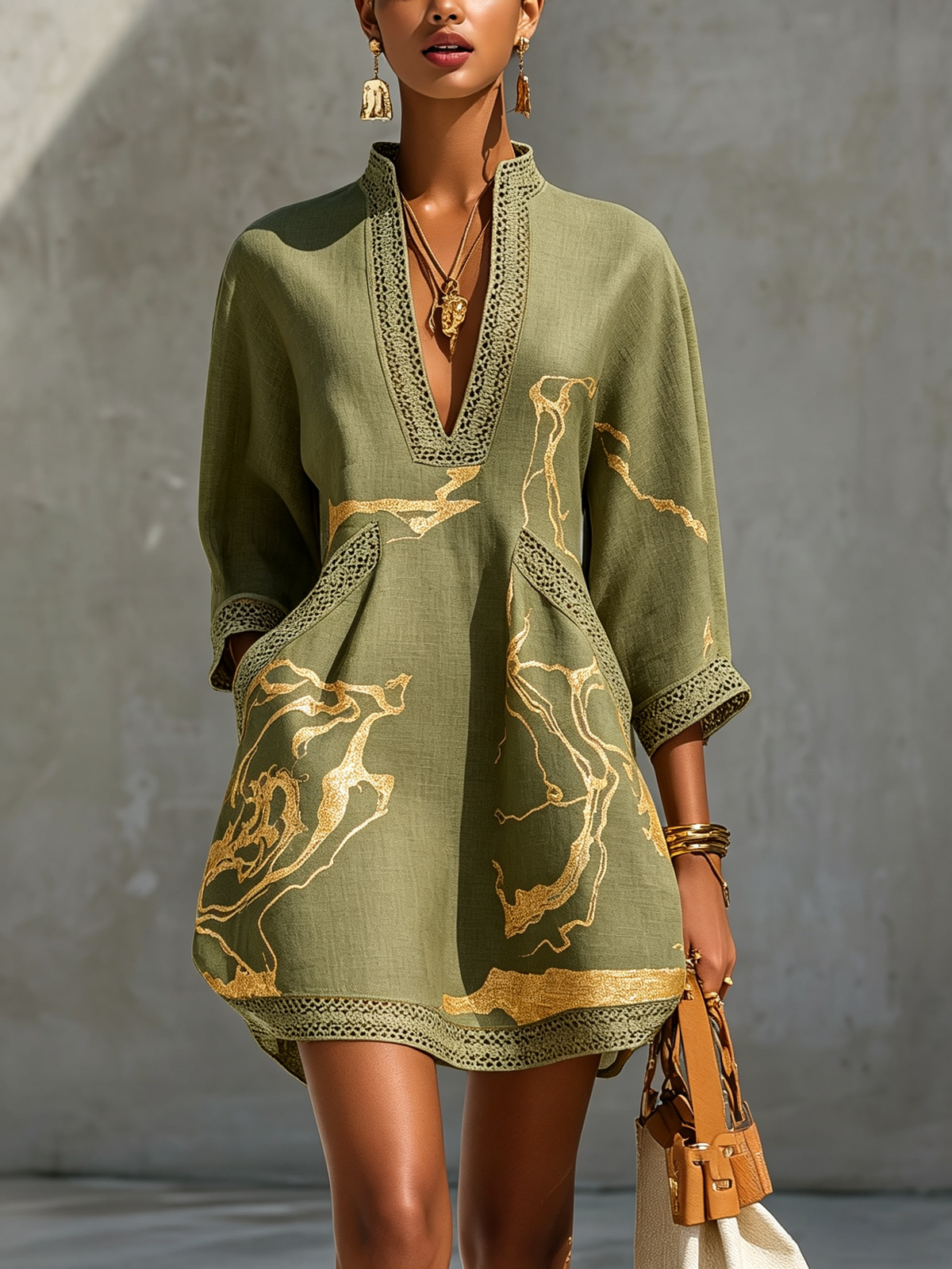 Black Floral-Embroidered Mini Dress with Gold Print and V-Neck Crochet Lace