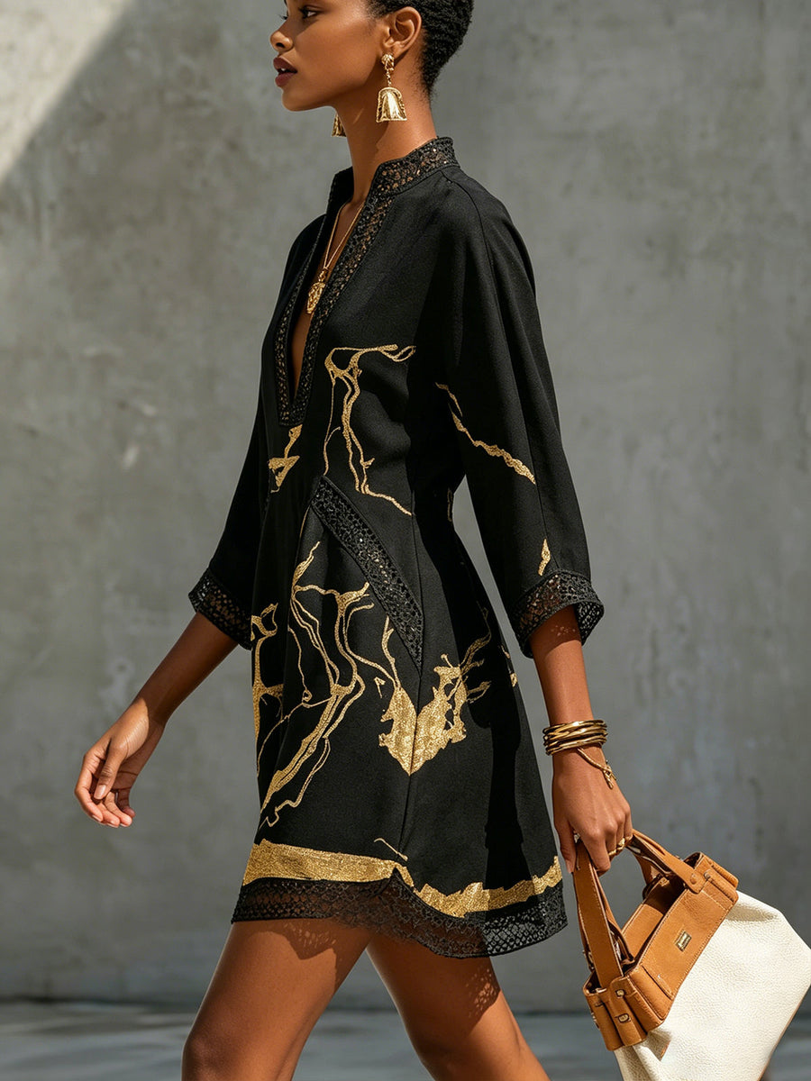 Black Floral-Embroidered Mini Dress with Gold Print and V-Neck Crochet Lace